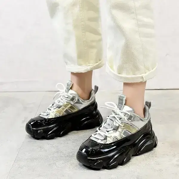 Womens Contrast Panel Sneakers | Light-Reflective Mid-Top Platform Shoes in Black, Silver
