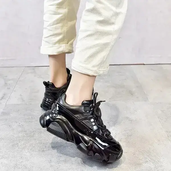 Womens Contrast Panel Sneakers | Light-Reflective Mid-Top Platform Shoes in Black, Silver