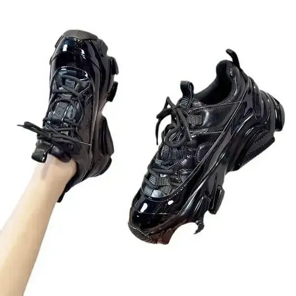 Womens Contrast Panel Sneakers | Light-Reflective Mid-Top Platform Shoes in Black, Silver