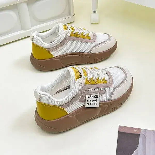 Womens Contrast Color Sneakers | Light-Reflective Low-Top Platform Shoes in Green, Yellow