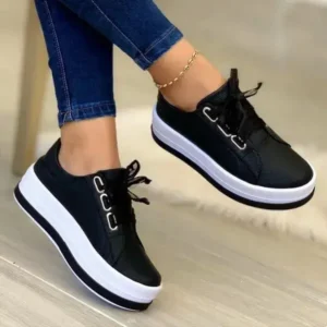 Bulbulfoot Women Casual Round Toe Lace-Up Block Color Platform Shoes PU Sneakers